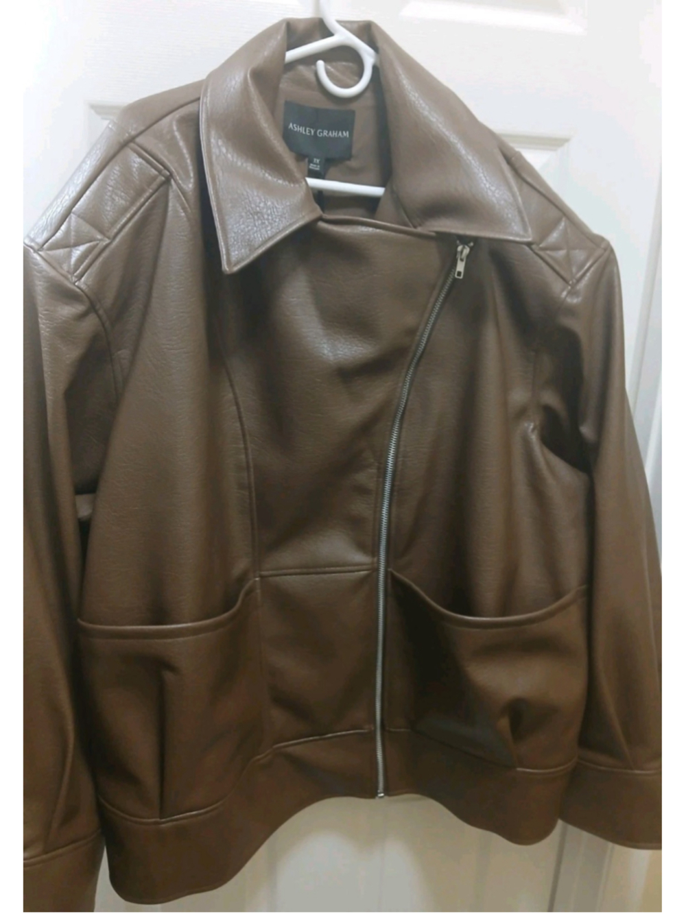 NWT Ashley Graham Womens Faux Leather Midweight Motorcycle Jacket Sz 3X Brown